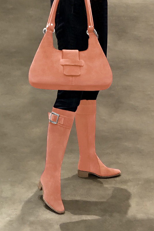 Peach orange women's riding knee-high boots. Round toe. Low leather soles. Made to measure. Top view - Florence KOOIJMAN